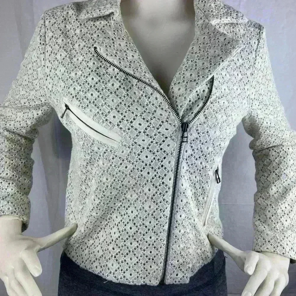 Dolan anthropologie Rossi Eyelet ivory blue moto jacket s small boho festival - Picture 3 of 10